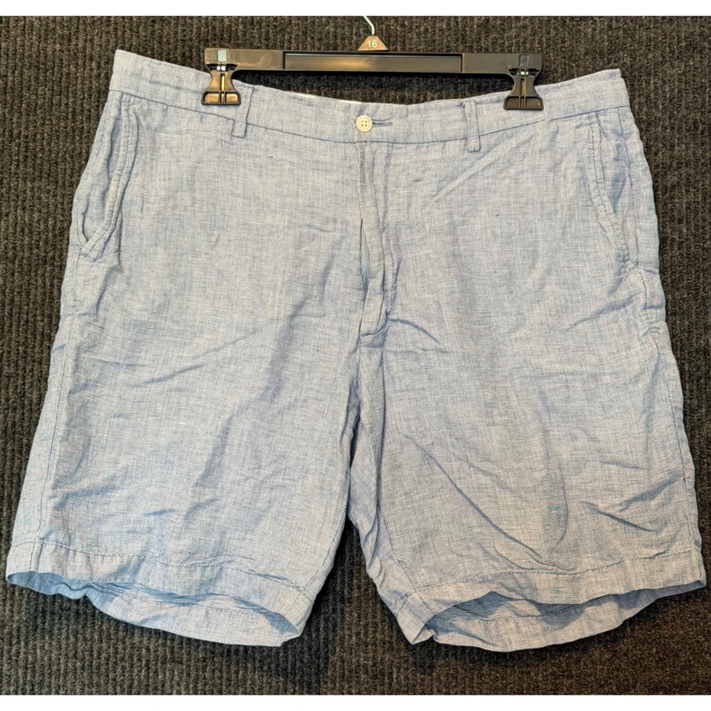 Peter Millar Shorts Mens 36 Chino Blue White Micro Check Linen Blend Flat Front